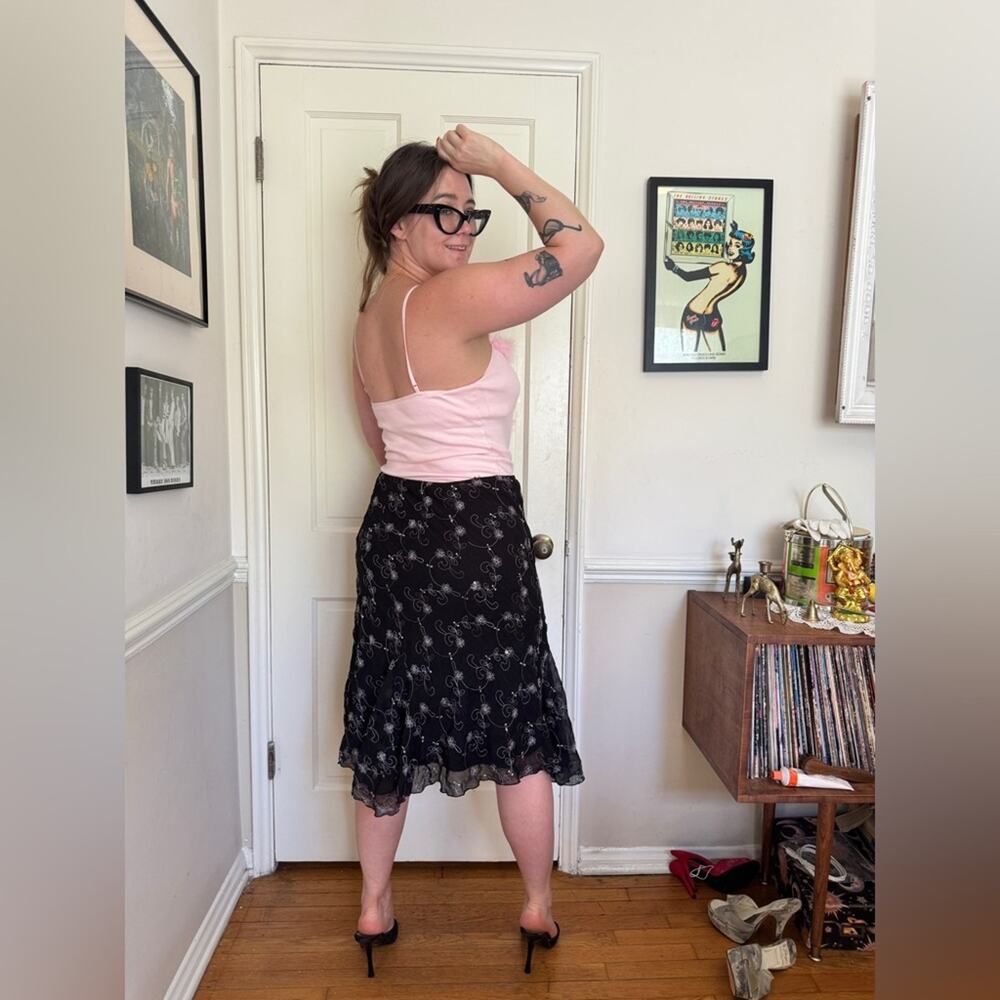Y2K Black Slip Skirt with embroidered flowers and sequins - Picture 2 of 9